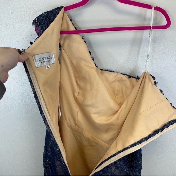 Mon Cheri Montage Navy One-Shoulder Lace Dress 8 Formal Elegant Wedding Floral - Picture 15 of 16